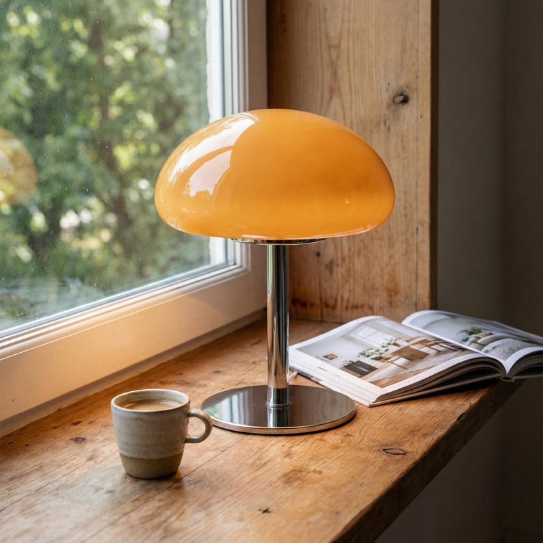 May include: A retro-style table lamp with a rounded, orange glass shade and a chrome base. The lamp sits on a wooden windowsill next to a cup of coffee and an open magazine. The lamp's design is reminiscent of mid-century modern aesthetics.