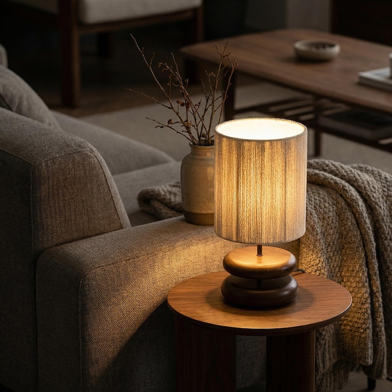 May include: A small, wooden table lamp with a cylindrical shade. The lamp sits on a round, wooden table next to a gray sofa. A vase with branches is visible in the background. The lamp's shade is a light beige color.