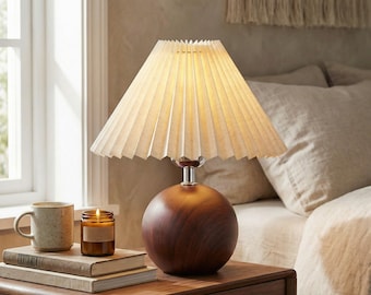 Lampe de table nordique en noyer - Abat-jour en tissu plissé, LED E27, éclairage de chevet à intensité variable