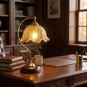 May include: A vintage-style desk lamp with a crackled glass shade and a brass-colored curved arm. The lamp sits on a dark wooden base. A stack of books and a mug are on the desk. The lamp is turned on, emitting a warm glow.