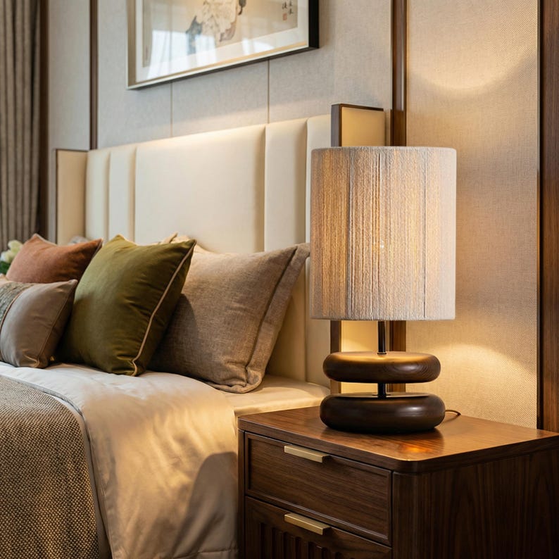 May include: A bedroom scene featuring a wooden nightstand with a lamp and a bed with pillows. The lamp has a beige shade and a dark brown base. The bed has several pillows in shades of brown and green.