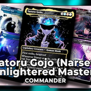 Op de afbeelding: Verschillende ruilkaarten met anime-personages. De centrale kaart toont "Satoru Gojo (Narset, Enlightened Master)" met een karakterillustratie. Andere kaarten bevatten "Unlimited Void" en "Blue". Het woord "Commander" staat onderaan.