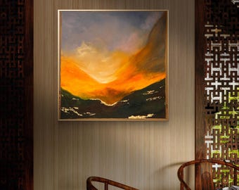 Vibrant Acrylic Landscape Painting: Golden Valley Sunset Wall Art