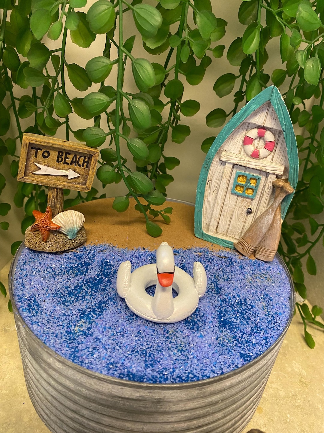 Fairy Garden Beach Scene | Coastal Cottage Decor, Swan Float, Seashells ...