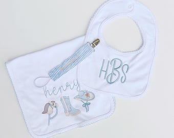 Personalized Embroidered Baby Accessory Bundle | Bib Burp Cloth Set | Custom Newborn Keepsake Gift