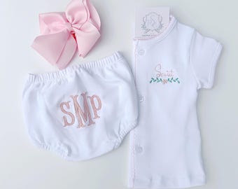 Conjunto de pantalones bombachos de picot personalizados / Top de bebé con monograma / Conjunto de bebé recién nacido bordado personalizado