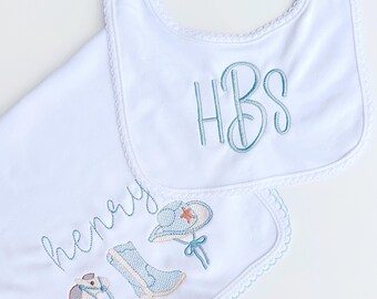 Babero y paño para eructar de algodón Picot personalizado/Regalo para baby shower con monograma