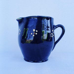 Vintage Terracotta Pitcher Hand Thrown Pottery, Cobalt Blue and Honey Glazed Ceramic Jug, Rustic Italian Folk Art Mediterranean Maiolica