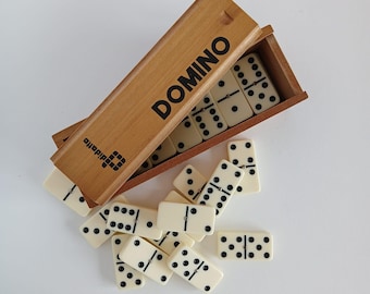 Klassisches Lern-Domino in einer Holzbox, Vintage-Spiel mit 28 Steinen, hergestellt in Italien, pädagogisch wertvoll, Brettspiel aus den 70er Jahren – das perfekte Geschenk!