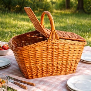 May include: A rectangular woven wicker picnic basket featuring a natural light brown finish, a central arched handle, and two hinged lids that open upward. The basket has a sturdy, interlaced construction with a wide base and tapered sides.