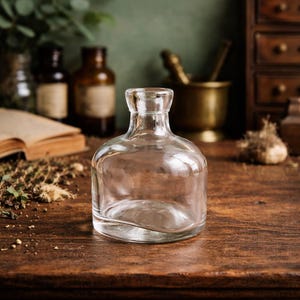 Op de afbeelding: Een heldere glazen apothekersfles met een afgeronde body en een korte hals. De fles staat op een donker houten oppervlak, met andere apothekersflessen en een vijzel en stamper op de achtergrond. De algehele esthetiek is vintage en rustiek.