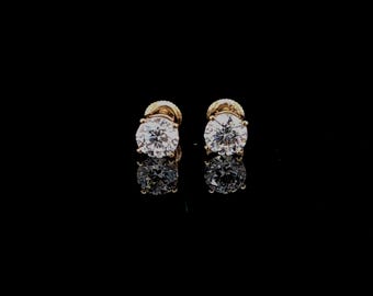 Pendientes de botón con diamantes cultivados en laboratorio de 2,08 quilates en oro amarillo de 14 quilates, con certificación IGI, talla brillante redonda ideal D VVS2, solitarios, cierre de rosca.