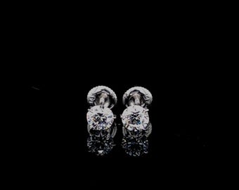 Pendientes de botón con diamantes cultivados en laboratorio de 1,04 quilates en oro blanco de 14 quilates, certificados por IGI, talla brillante redonda ideal D VVS2, estilo Martini, cierre de rosca.