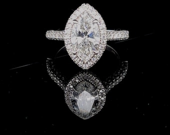 Anillo de compromiso con diamante cultivado en laboratorio, talla marquesa, 2,93 quilates, oro blanco de 14 quilates, certificado IGI E VS1, estilo vintage, con halo y diamante central de 2,00 quilates.