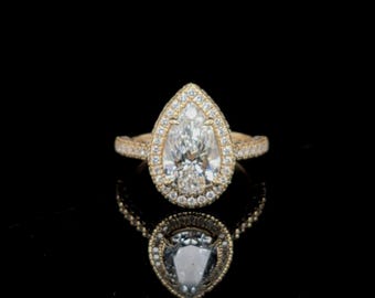Anillo de compromiso con diamante cultivado en laboratorio, talla pera, de 3,49 quilates, en oro amarillo de 14 quilates, certificado por IGI, color F, claridad VS1, estilo vintage, con halo y diamante central de 2,54 quilates.