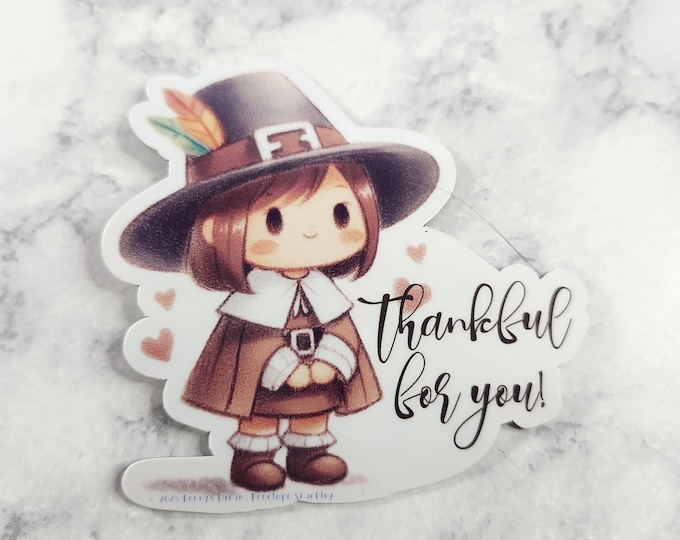 Featured listing image: Thankful You Pilgrim Magnet – 3 x 3 Inch Die Cut Thanksgiving Keepsake, Full Magnetic Backing