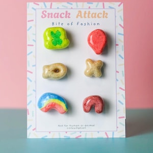 Handmade Lucky Charm Mix Match Stud Set - Resin Earrings, Hypoallergenic Stainless Steel Snack Cereal Jewelry
