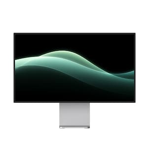 Può includere: Un moderno monitor per computer con cornice nera e supporto argentato. Lo schermo mostra un design ondulato verde e turchese su sfondo nero. Il testo "POSTIE LAB" è nell'angolo in alto a destra.