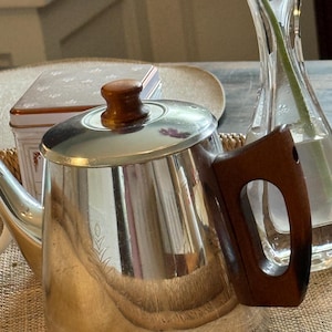 Vintage ONA Aluminum Teapot: Mid Century Modern Wood Handle Coffee Pot Made England