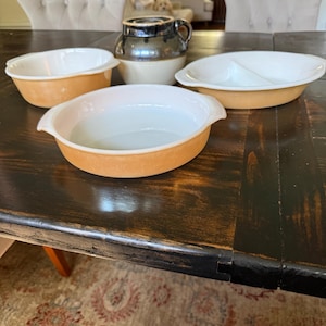 Vintage Fire King Peach Lustre Bakeware Set | 3 Piece Ovenware Collection | Divided Serving Dish | Mid Century Kitchen | Milk Glass Casserol
