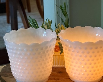 Vintage Fire-King Milk Glass Hobnail Planters Pair, Scalloped Cachepots
