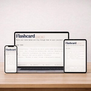 May include: A laptop, smartphone, and tablet displaying the "Flashcard" app interface. The devices are arranged on a wooden surface, with the laptop in the center and the other two devices on either side.