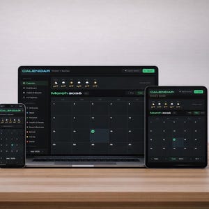 May include: A laptop, tablet, and smartphone displaying a calendar interface. The screens show a dark theme with a calendar for March 2026. The devices are arranged on a wooden surface.
