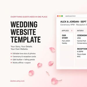 Può includere: Un modello di sito web per matrimoni con un'interfaccia dashboard digitale con colonne per storia, cerimonia, ricevimento, domande e contatti per Alex & Jordan il 24 sett 2026, decorato con petali di fiori rosa su uno sfondo chiaro.