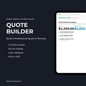 Peut inclure: Une interface logicielle de création de devis affichée sur un écran de tablette. L'écran présente une proposition d'estimation avec des postes pour l'identité de marque, la conception de site web et des icônes, totalisant 4 025,70 $.