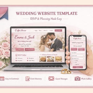 Puede incluir: Una plantilla de sitio web de bodas que se muestra en una computadora portátil y un teléfono inteligente. La pantalla de la computadora portátil muestra una foto de boda y el texto "Emma & Jack". El teléfono inteligente muestra un formulario de confirmación de asistencia. También se ven anillos de boda dorados y una vela encendida.