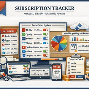 Pode incluir: Ilustração de um rastreador de assinaturas com um monitor de computador, laptop e smartphone exibindo informações de assinatura. A imagem inclui gráficos e um calendário, com o texto "Subscription Tracker" no topo.