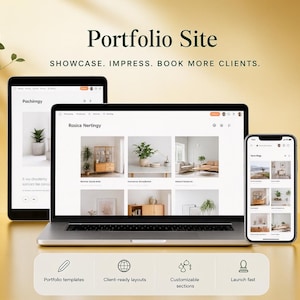 May include: A laptop, tablet, and smartphone displaying a portfolio website with the text Portfolio Site, Showcase. Impress. Book More Clients. The screens show interior design imagery and navigation menus. Below are icons for Portfolio templates, Client-ready layouts, Customizable sections, and Launch fast.