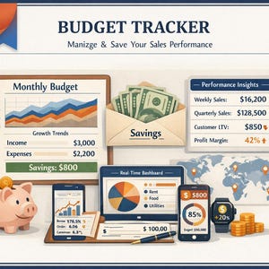 May include: An infographic titled "Budget Tracker" with financial data visualizations. It includes charts, graphs, a piggy bank, cash, and mobile devices displaying financial metrics. Text includes "Monthly Budget" and "Performance Insights."