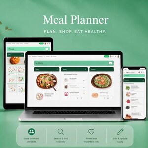 Może przedstawiać: Cyfrowy interfejs planera posiłków wyświetlany na laptopie, tablecie i smartfonie. Ekran pokazuje zdjęcia żywności, listy oraz tekst Meal Planner, PLAN. SHOP. EAT HEALTHY. Poniżej znajdują się cztery ikony z tekstem: Store unlimited contacts, Search & find instantly, Never lose important info oraz Edit & update easily.