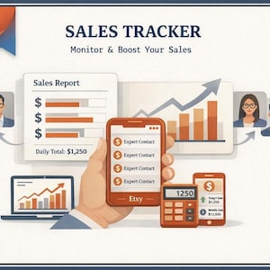 Op de afbeelding: Illustratie van een verkoopvolger met de tekst "SALES TRACKER" en "Monitor & Boost Your Sales." De afbeelding bevat een laptop, smartphones, een rekenmachine en een verkooprapport met een dagtotaal van €1.250. Het Etsy-logo is zichtbaar.