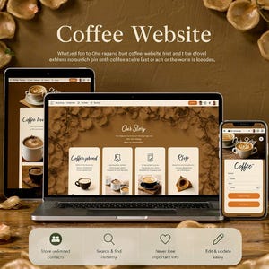 Könnte beinhalten: Eine digitale Darstellung einer Kaffee-Website-Vorlage auf einem Laptop, Tablet und Smartphone. Die Benutzeroberfläche verwendet eine braune Farbpalette mit kaffeebezogenen Bildern, Textüberschriften und Navigationsmenüs. Die Bildschirme zeigen Abschnitte für Our Story, Coffee Grind und RSVP-Formulare sowie Symbole für die Kontaktverwaltung und Bearbeitungstools.