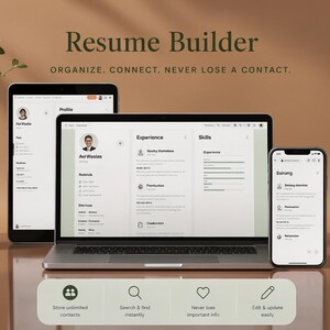 May include: A laptop, tablet, and smartphone displaying a Resume Builder interface with profile, experience, and skills sections. Text includes Resume Builder, Organize. Connect. Never lose a contact, and icons for storing contacts, searching, and editing.