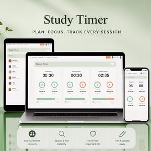 May include: A digital study timer application displayed on a laptop, tablet, and smartphone. The interface features session tracking, contact management, and progress bars. Text includes Study Timer, Plan. Focus. Track Every Session, and icons.