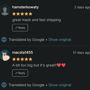 Może przedstawiać: Zrzut ekranu z recenzji klient&oacute;w Etsy. Pierwsza recenzja, od hamsterkowaty, daje pięć gwiazdek i m&oacute;wi "great mask and fast shipping." Druga recenzja, od macsta1455, r&oacute;wnież daje pięć gwiazdek i m&oacute;wi "A bit too big but it's great!!"