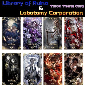 May include: A collection of tarot cards featuring illustrations of characters in various poses and settings. The cards have gold decorative borders and include titles such as "The Fool," "The Magician," and "The Empress." The text "Library of Ruina & Lobotomy Corporation" is at the top.