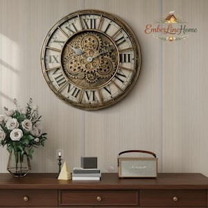 Reloj de pared Steampunk con engranajes móviles de 46 cm / Reloj industrial grande con números romanos