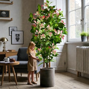 May include: A large potted plant with green leaves and pink highlights, in a grey cylindrical pot. A young child is standing beside the plant, touching the leaves. The room has a neutral colour scheme with wooden flooring and a window.