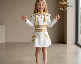 Fantasia infantil de Rumi, a Caçadora de Demônios, estilo K-Pop, nas cores branco e dourado, ideal para dança, apresentações e festas de aniversário. Perfeita para crianças de 4 a 12 anos.