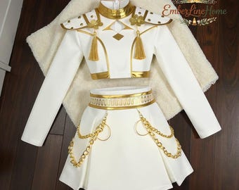 Girls K Pop Rumi Inspired Costume Set, White Gold, 3 Piece Kids Birthday Party Halloween Outfit 4 to 12 Years, Demon Slayer
