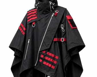 Poncho con capucha estilo cyberpunk / Chaqueta tipo capa de estilo techwear, ropa urbana negra y roja, atuendo gótico para festivales.