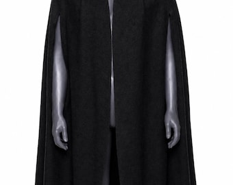 Black Wool Hooded Cloak | Medieval Fantasy Cape with Silver Clasp