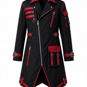 May include: Black long coat with red accents. Features include a red collar, red stripes on the sleeves, and red trim with buckles. The coat has multiple pockets and a zipper closure. A stylish, gothic-inspired garment.