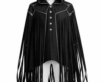 Capa negra con capucha y flecos, poncho gótico, unisex.