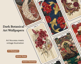 Conjunto de fondos de pantalla para teléfono, pantalla de bloqueo de iPhone con arte botánico oscuro, ilustración Art Nouveau, descarga digital maximalista vintage.
