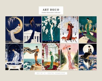 Art Deco Fashion Print Set of 10 Gouache Illustration 1920s Gallery Wall Art Vintage Poster Printable Art Nouveau Home Decor Download
